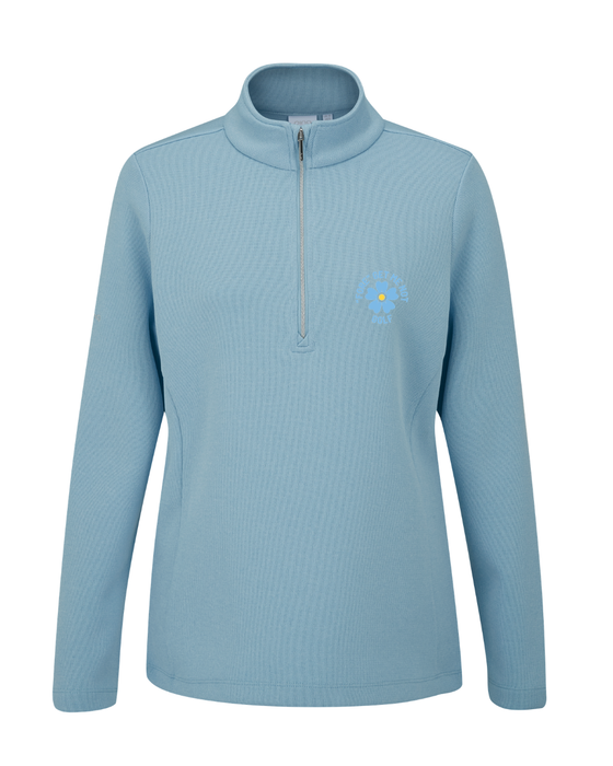 PING Lyla Ladies Fore Get Me Not half zip mid layer in sky blue marl, front view featuring a floral chest graphic.