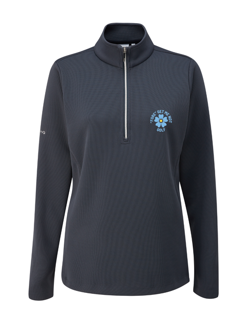 PING Lyla ladies navy half-zip golf mid layer with Fore Get Me Not floral embroidery, front view.