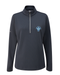 PING Lyla ladies navy half-zip golf mid layer with Fore Get Me Not floral embroidery, front view.
