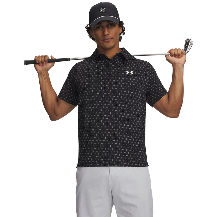 Under Armour Playoff 3.0 Printed Polo Golf Shirt in black with white all over pattern on model