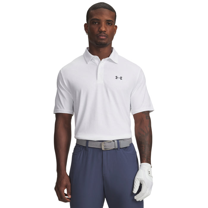 Under Armour Playoff 3.0 Printed Polo Golf Shirt in white with faint contours all over on model facing forward