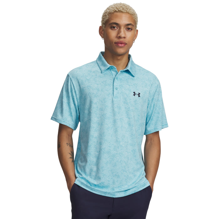 Under Armour Playoff 3.0 Printed Polo Golf Shirt in light blue with light pattern all over on model