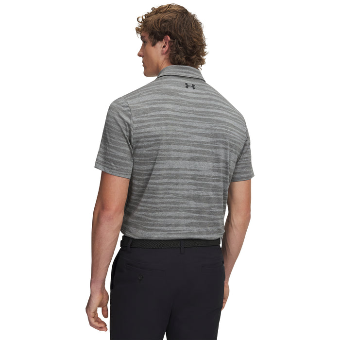Under Armour Playoff Jacquard Polo Golf Shirt in grey and green on male model facing away wearing black trousers