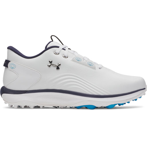 Under Armour Drive Fade 2 Spikeless Golf Shoes in white, with blue accents side view