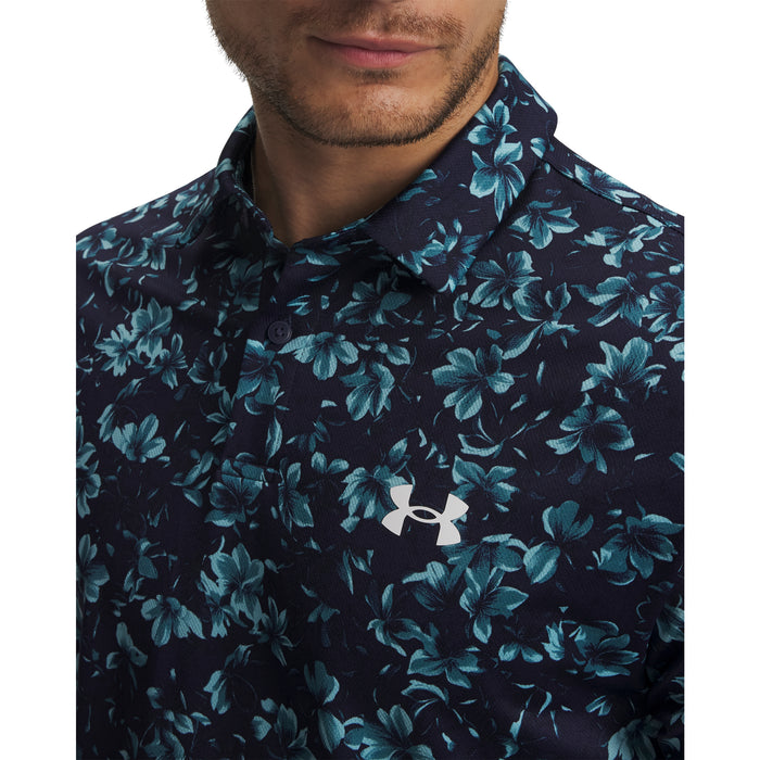 Under Armour Matchplay Printed Polo Golf Shirt in navy and blue floral pattern, close up on model chest