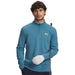 Man wearing a blue Under Armour golf pullover with a golf club and glove on a white background