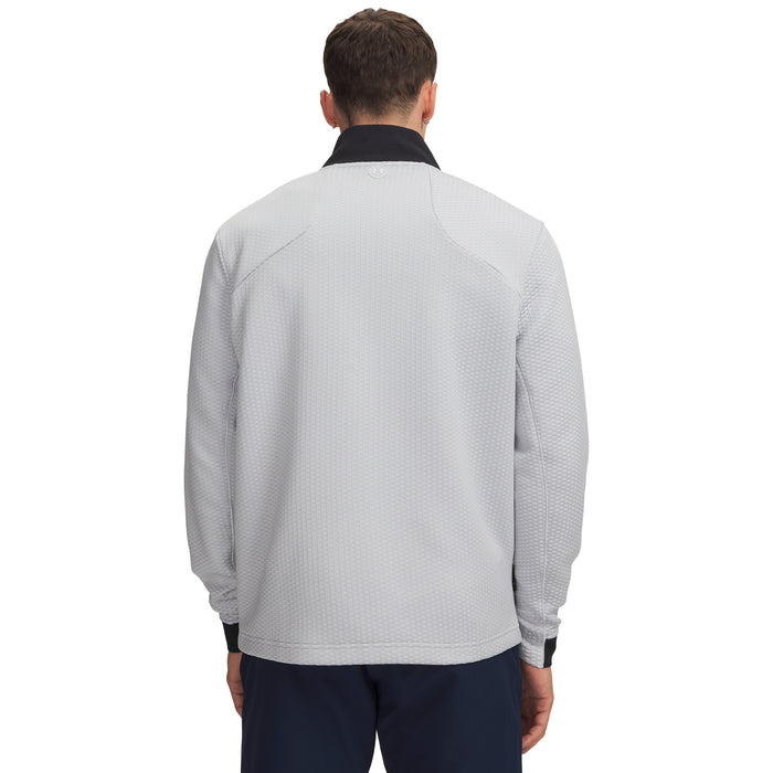 Back view of a grey Under Armour Drive Pro Hybrid golf midlayer with a black collar and textured fabric finish.