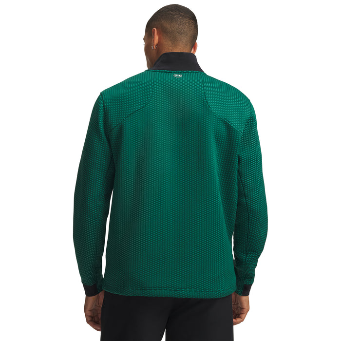 Back view of a green Under Armour Drive Pro Hybrid half-zip golf midlayer with a textured pattern and black collar.
