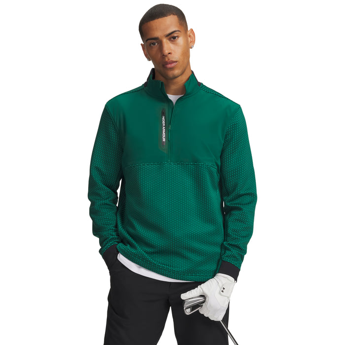 Under Armour Drive Pro Hybrid half-zip golf midlayer in campus ivy and white, front view on a male model.