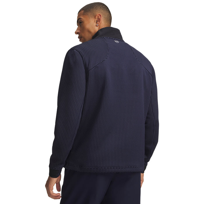 Back view of Under Armour Drive Pro Hybrid navy patterned golf midlayer with a black collar.
