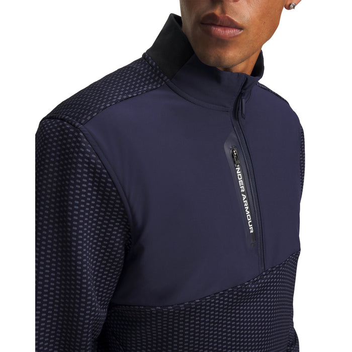 Under Armour Drive Pro Hybrid navy half-zip golf midlayer with textured sleeves and branded chest zip pocket.