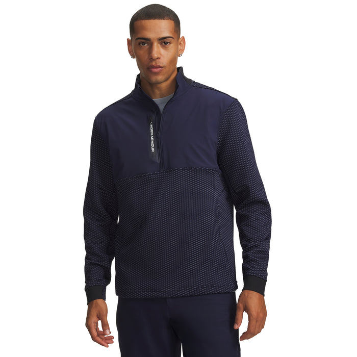 Under Armour Drive Pro Hybrid half zip golf midlayer in midnight navy and white, front view on a male model.