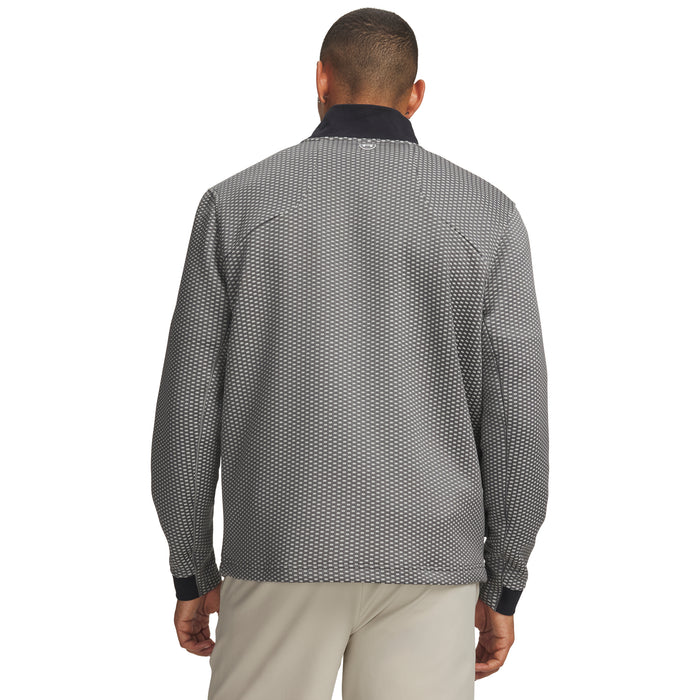 Back view of Under Armour Drive Pro Hybrid grey patterned golf midlayer with black collar and cuffs.