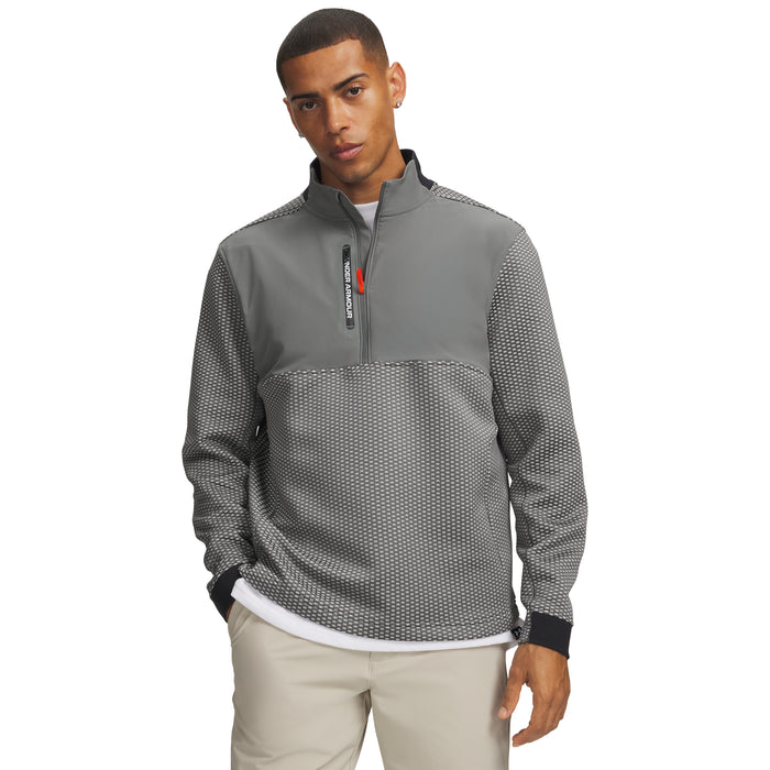 Under Armour Drive Pro Hybrid half zip golf midlayer in clay green and white, front view on a male model.