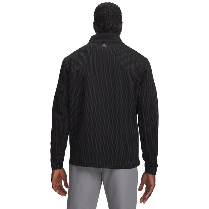 Back view of black Under Armour Drive Pro Hybrid golf jacket with textured pattern and small logo on the neck.