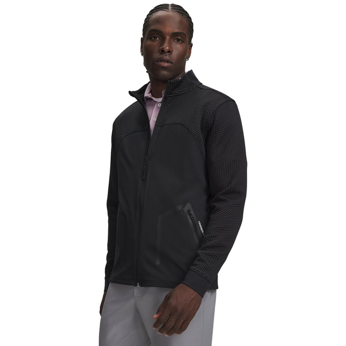 Under Armour Drive Pro Hybrid black and white full-zip golf jacket, front view featuring textured fabric panels.