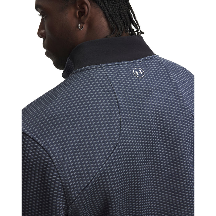 Under Armour Drive Pro Hybrid golf jacket in navy blue with a geometric pattern and rear logo detail.