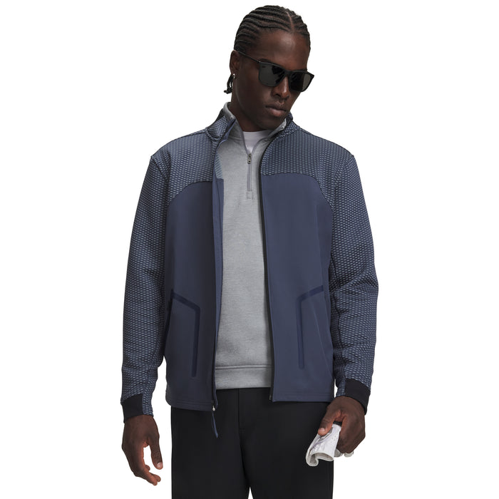 Under Armour Drive Pro Hybrid full zip golf jacket in downpour grey and white, front view on a male model.
