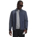 Under Armour Drive Pro Hybrid full zip golf jacket in downpour grey and white, front view on a male model.