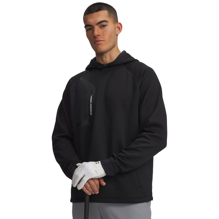 Under Armour Drive Pro Hybrid men's golf hoodie in black with a textured pattern and white chest logo, front view.