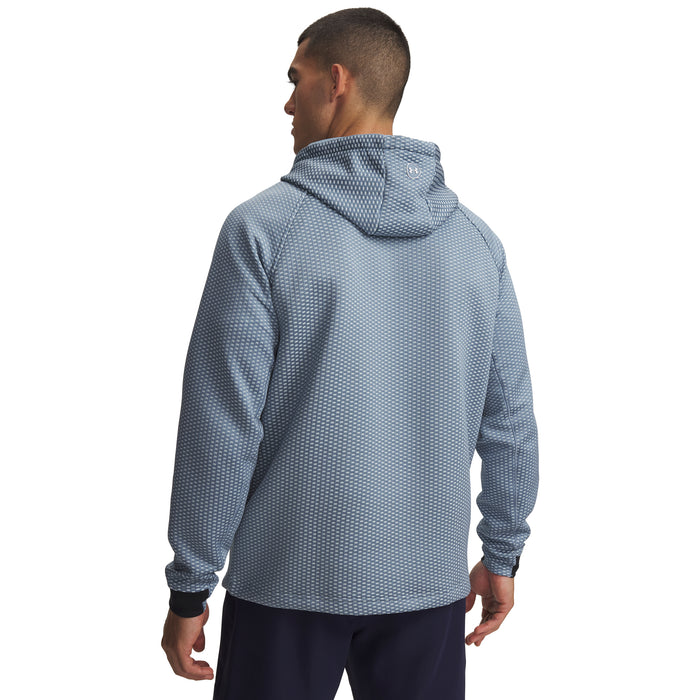 Back view of a blue patterned Under Armour Drive Pro Hybrid men's golf hoodie with a hood and long sleeves.