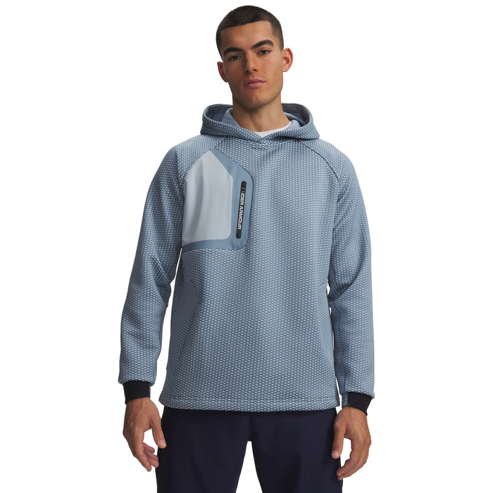 Under Armour Drive Pro Hybrid men's golf hoodie in blue wind and white, front view featuring a textured pattern and chest pocket.