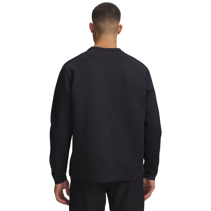 Back view of a black Under Armour Drive men's crew neck golf midlayer with a textured fabric finish.