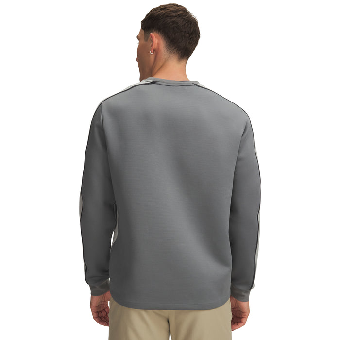 Back view of a grey Under Armour Drive men's crew neck golf midlayer with textured fabric and dark sleeve detailing.
