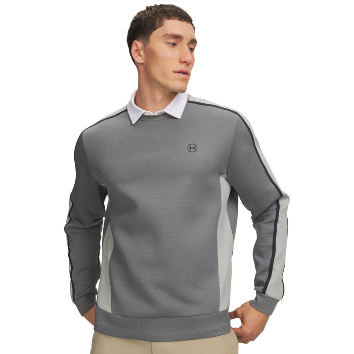Under Armour Drive crew neck golf midlayer in clay green, titanium and anthracite with a textured finish, front view.