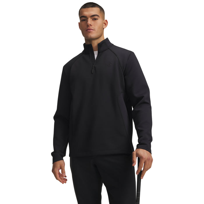 Front view of a black Under Armour Drive men's quarter-zip golf midlayer with a high neck and textured fabric.