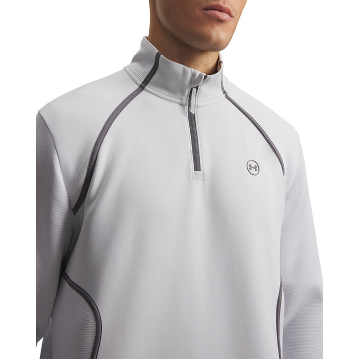 Light grey Under Armour Drive men's quarter zip golf midlayer with dark grey piping and chest logo, front view.