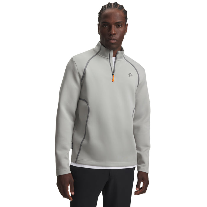Under Armour Drive men's quarter zip golf midlayer in titanium and clay green, front view showing textured fabric.
