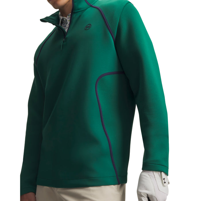 Under Armour Drive men's green quarter zip golf midlayer with dark blue trim, front view.