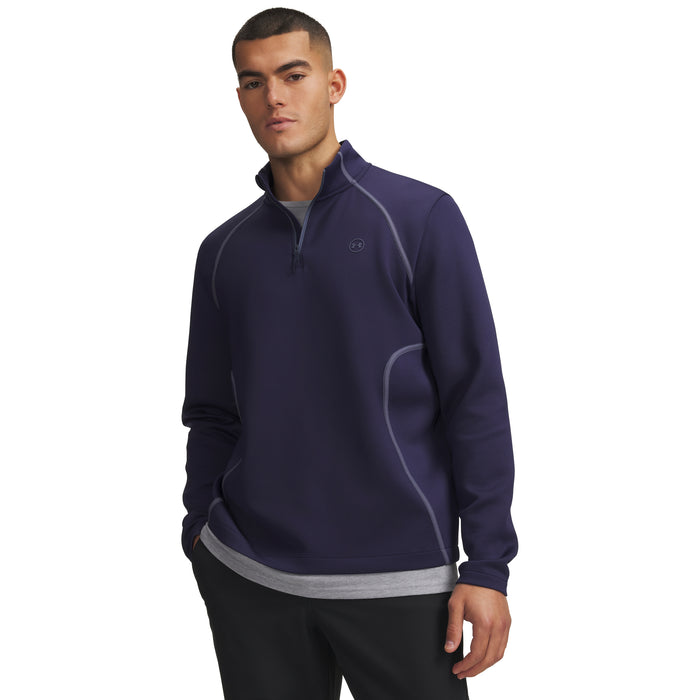 Under Armour Drive men's quarter zip golf midlayer in midnight navy and grey, front view showing textured fabric.