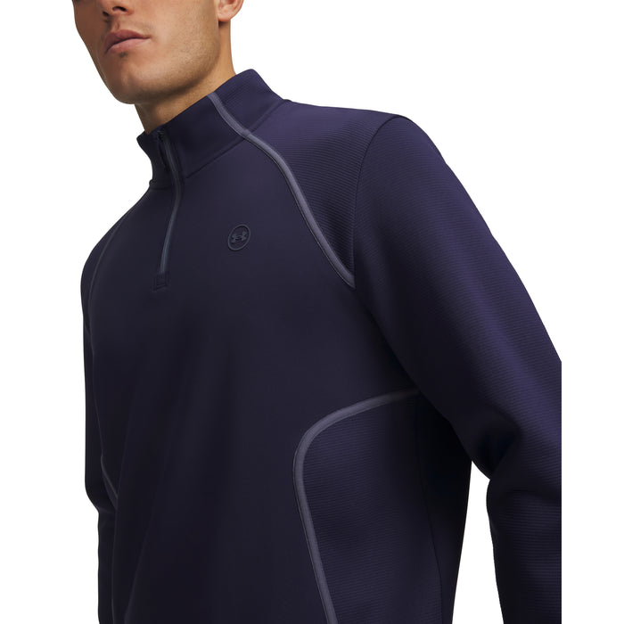 Under Armour Drive men's navy quarter-zip golf midlayer with textured side panels and a small chest logo, side view.