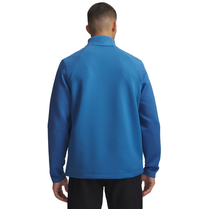 Back view of a blue Under Armour Drive men's quarter zip golf midlayer with a textured fabric finish.
