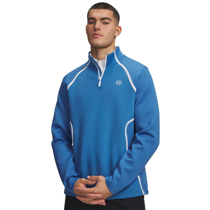 Under Armour Drive men's quarter-zip golf midlayer in Aegean blue and white, front view showing textured fabric.