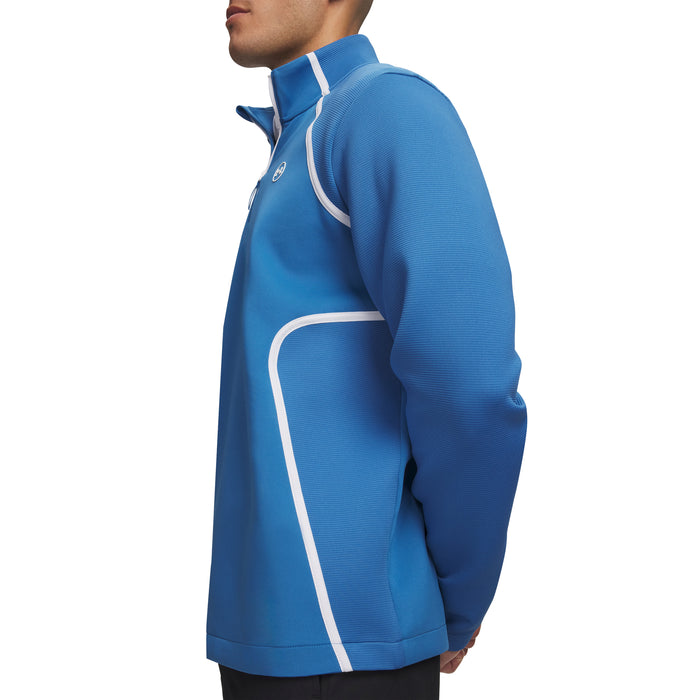 Under Armour Drive Men's Quarter Zip Golf Midlayer in blue with white piping detail, side view.