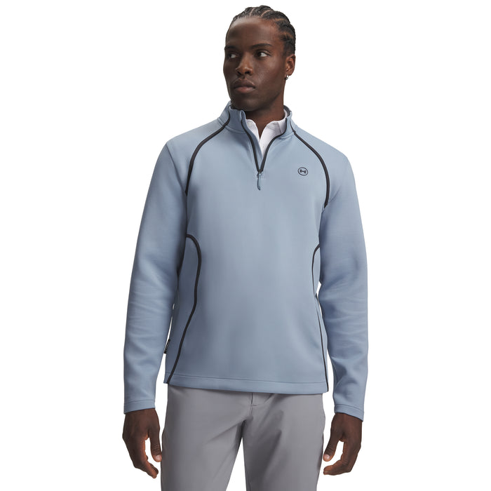 Under Armour Drive men's quarter zip golf midlayer in blue wind and anthracite, front view.