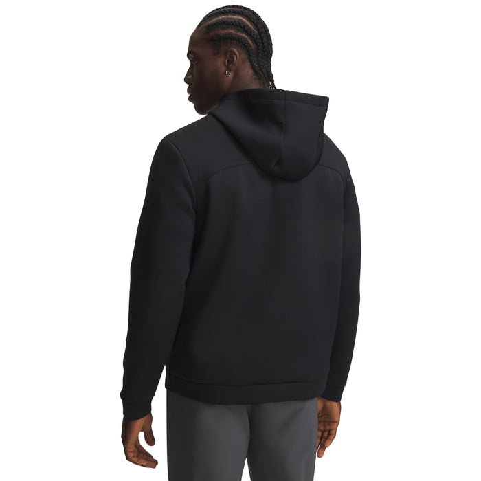 Back view of a black Under Armour Drive men's golf hoodie with a textured fabric finish and hood.