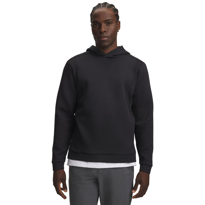 Front view of a black Under Armour Drive men's golf hoodie with a textured fabric finish and a subtle chest logo.