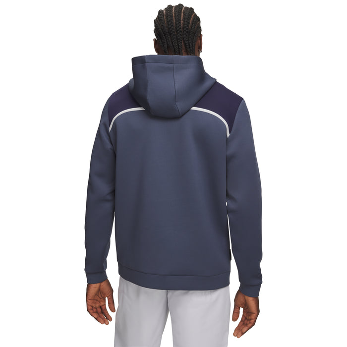 Back view of a navy blue Under Armour Drive men's golf hoodie with a textured finish and white shoulder detailing.