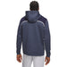 Back view of a navy blue Under Armour Drive men's golf hoodie with a textured finish and white shoulder detailing.