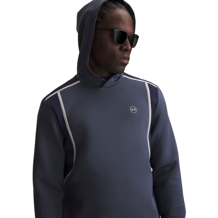 Under Armour Drive men's golf hoodie in navy blue with white piping detail and hood, front view.