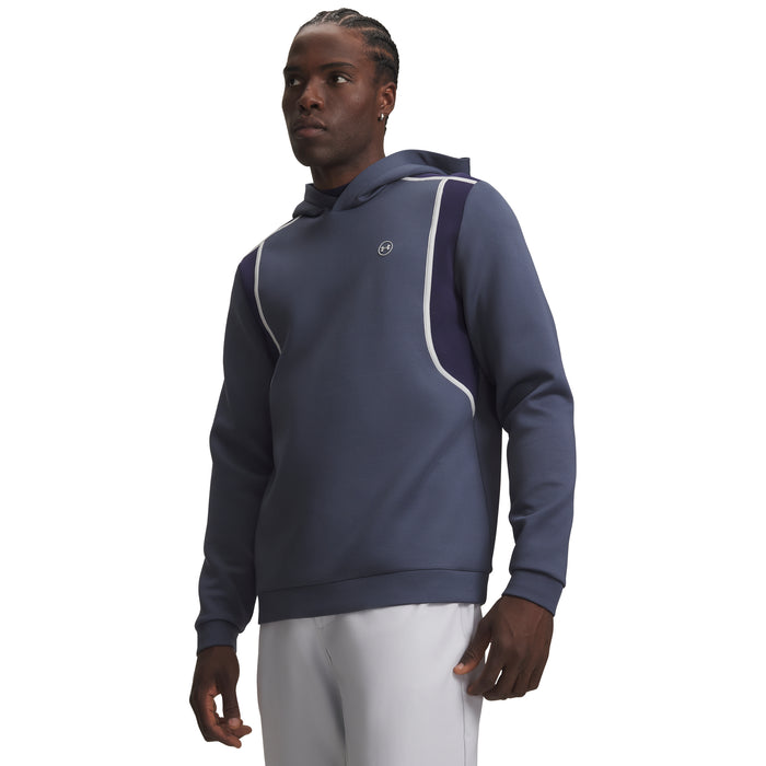 Under Armour Drive men's golf hoodie in downpour grey and midnight navy with a front view and hood.