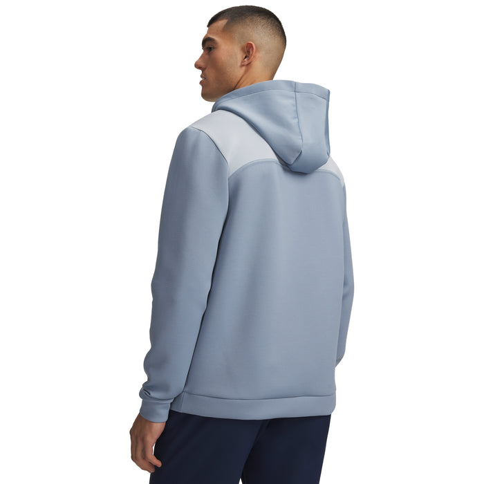 Under Armour Drive men's golf hoodie in light blue, rear view showing textured fabric and hood detail.