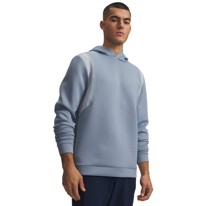 Under Armour Drive men's golf hoodie in blue wind and blue fog, featuring a textured fabric and hood, front view.