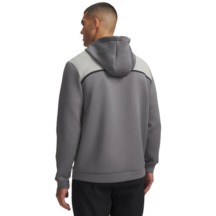 Back view of a grey Under Armour Drive men's golf hoodie with light grey shoulder panels and a textured fabric finish.