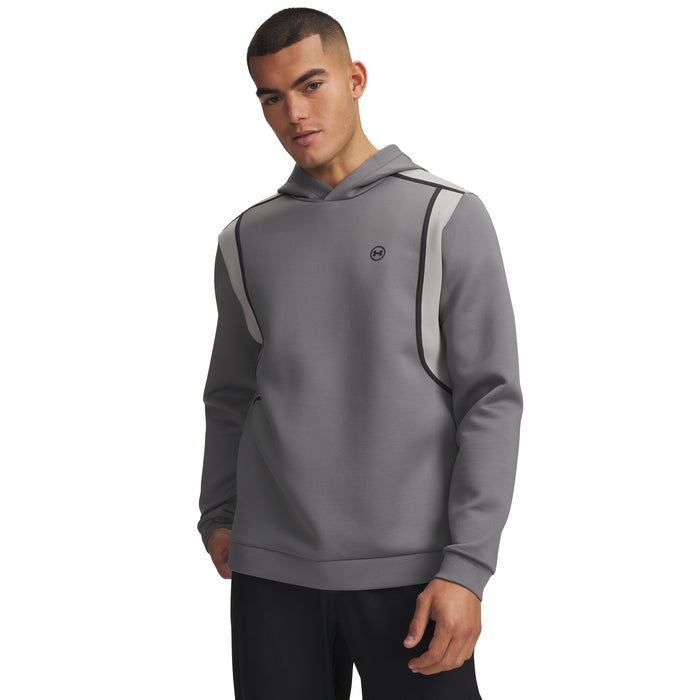 Under Armour Drive Men's Golf Hoodie in clay green and titanium, featuring a textured fabric and front logo detail.