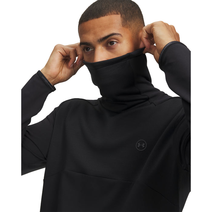 Under Armour Drive men's black funnel neck golf midlayer with high collar and logo detail, front view.